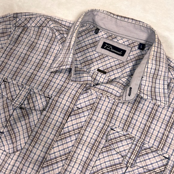 7 Diamonds Plaid Shirt Short Sleeve Button Up Casual Western‎ Mens Large - Picture 1 of 7